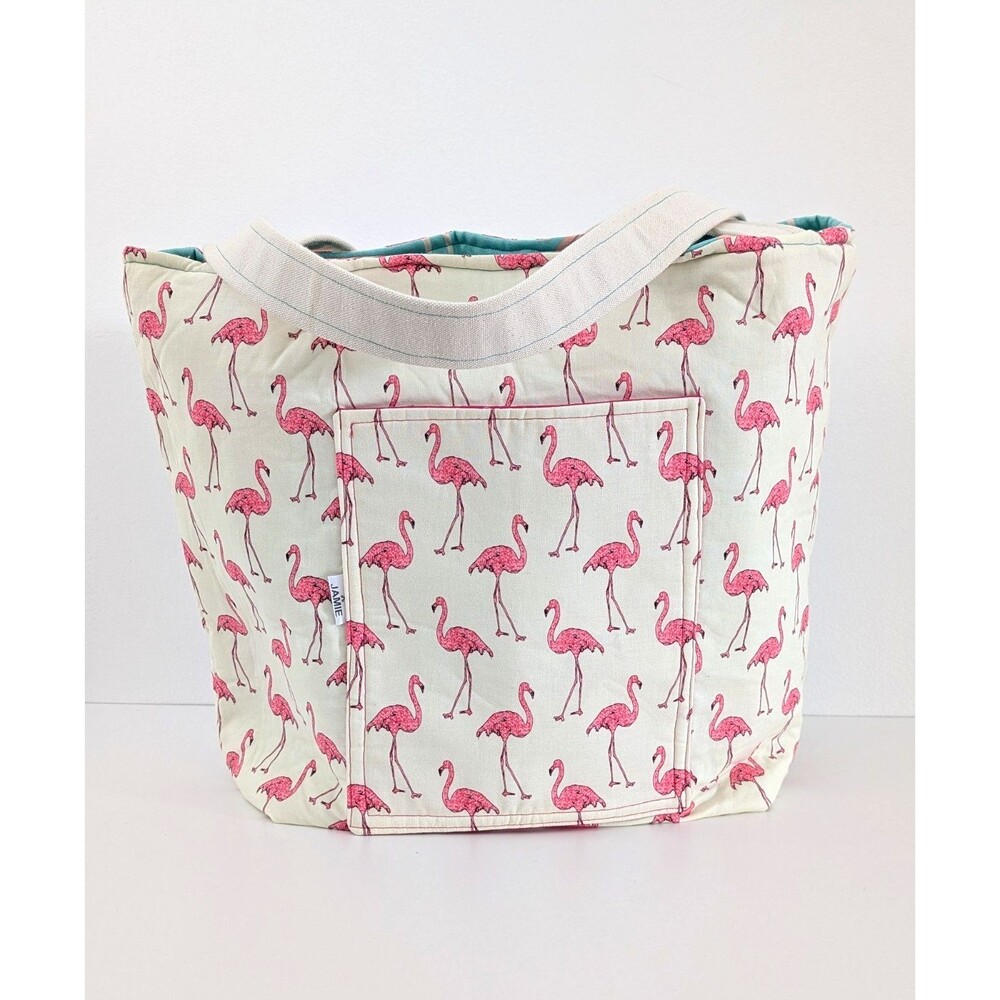 JAMIE Tote Bag Women’s 18” Pink Flamingo Print Canvas Reversible 3 Pockets